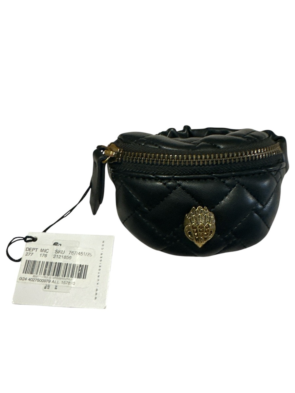 NWT Kurt Geiger Black Quilted Mini Coin Pouch with Gold Emblem scrunchie
